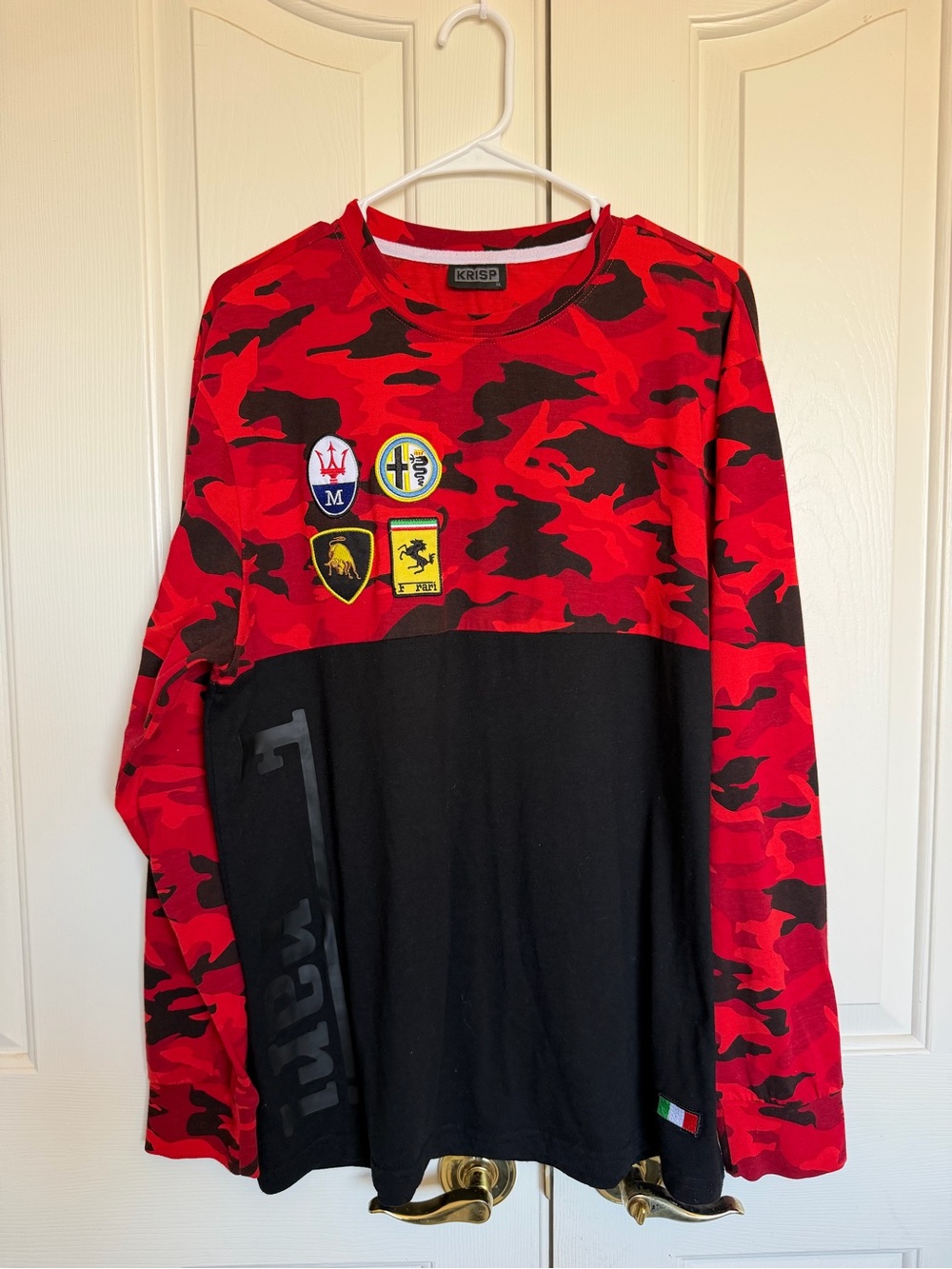 KRISP Italy Red Camo & Black Long Sleeve Tee with Motorsport Patches